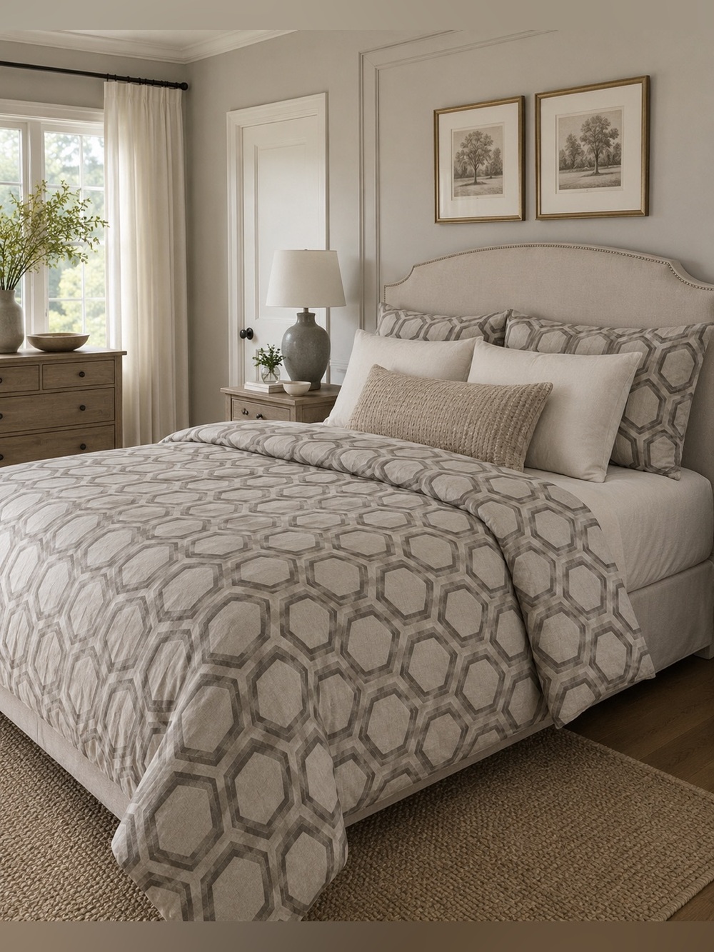Ethan Allen King Linen Cotton Geometric Duvet Cover Gray Modern Luxury Bedding